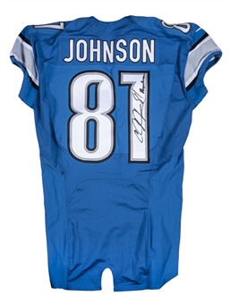 2014 Calvin Johnson Game Used, Signed/Inscribed & Photo Matched Detroit Lions Blue Home Jersey - "Megatron" - Photo Matched To 10/5/14 Vs. The Buffalo Bills (ACC COA, Elite Sports & Beckett)